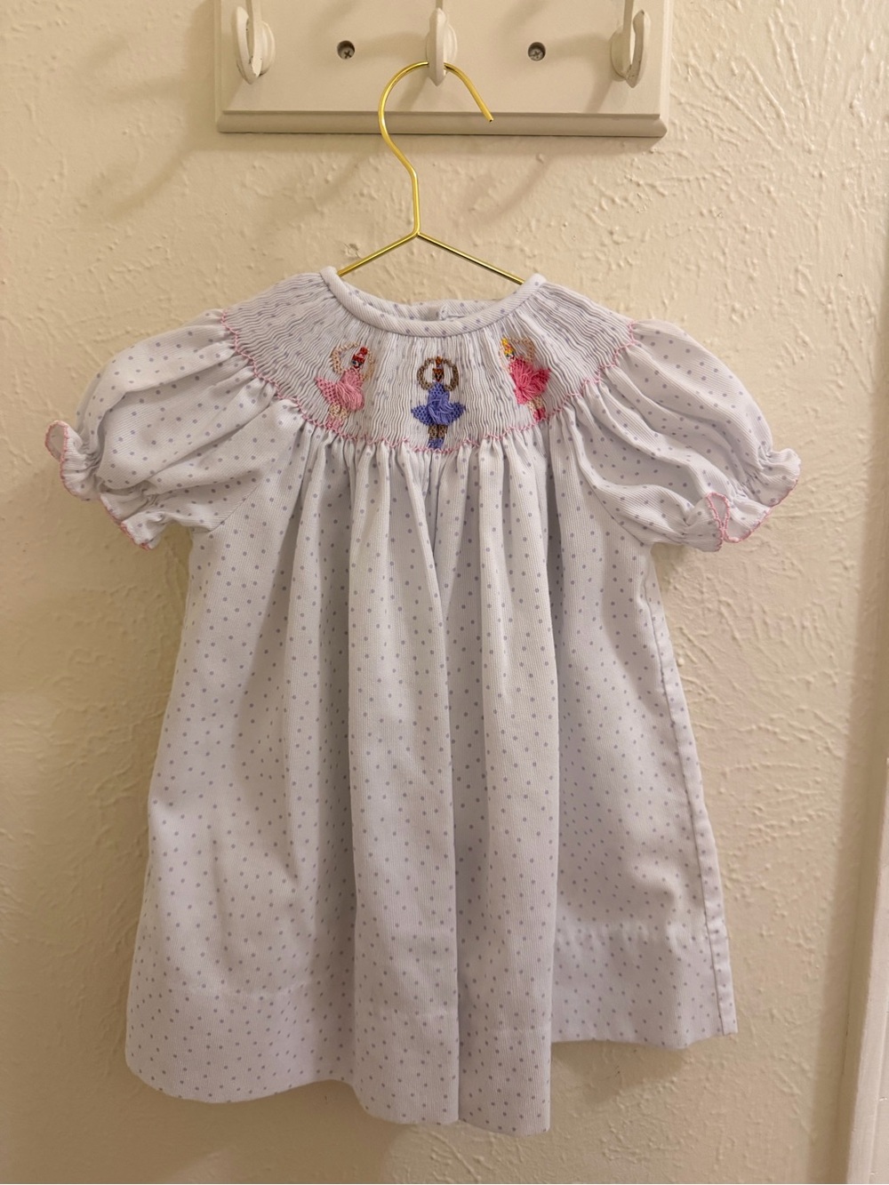 Classic White Smocked dress with Pink & Blue Embroidery